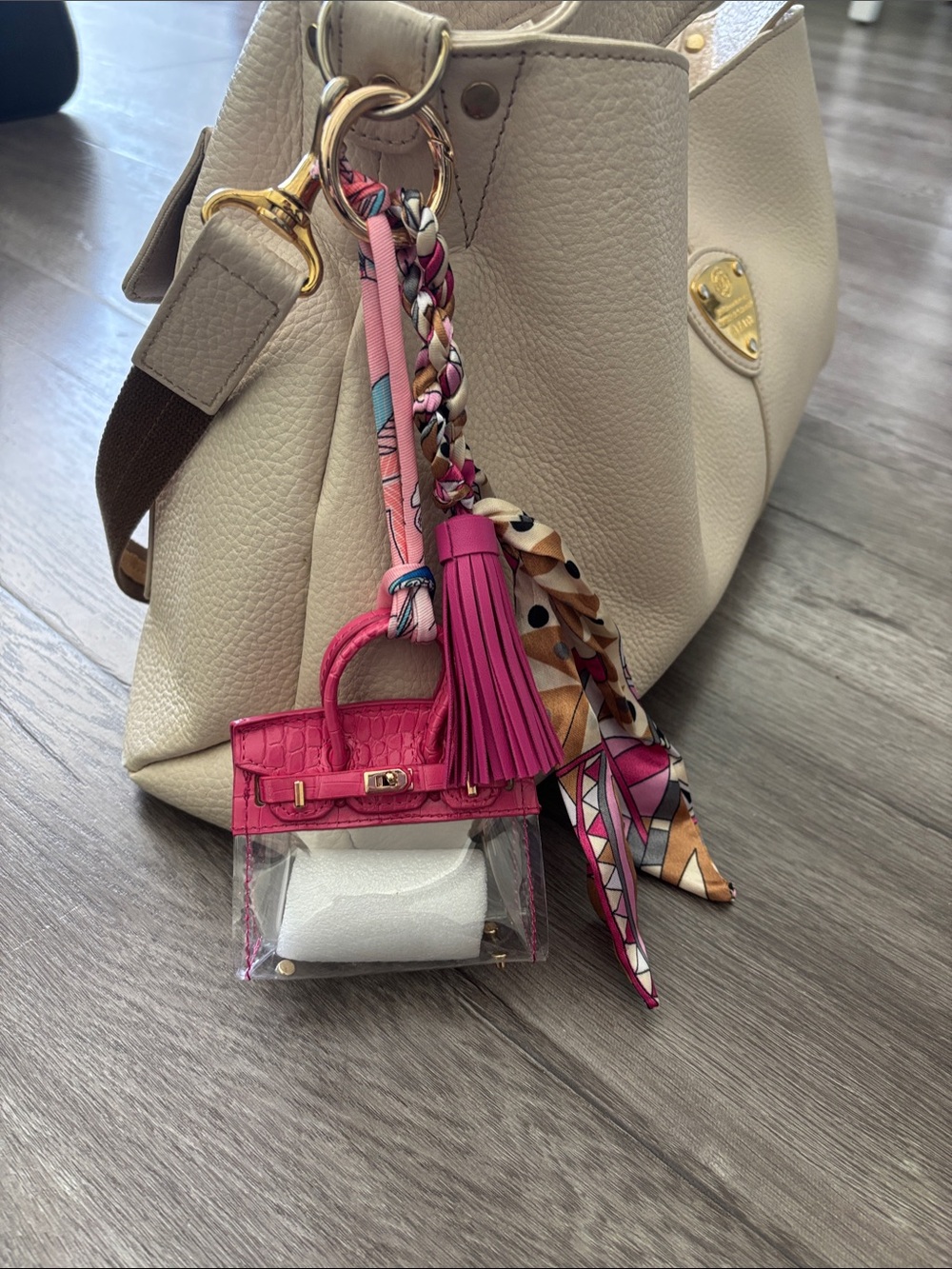 Hot Pink & Clear Mini Bag Charm, Key Remote Holder & Keychain w/ Scarf - Picture 2 of 4